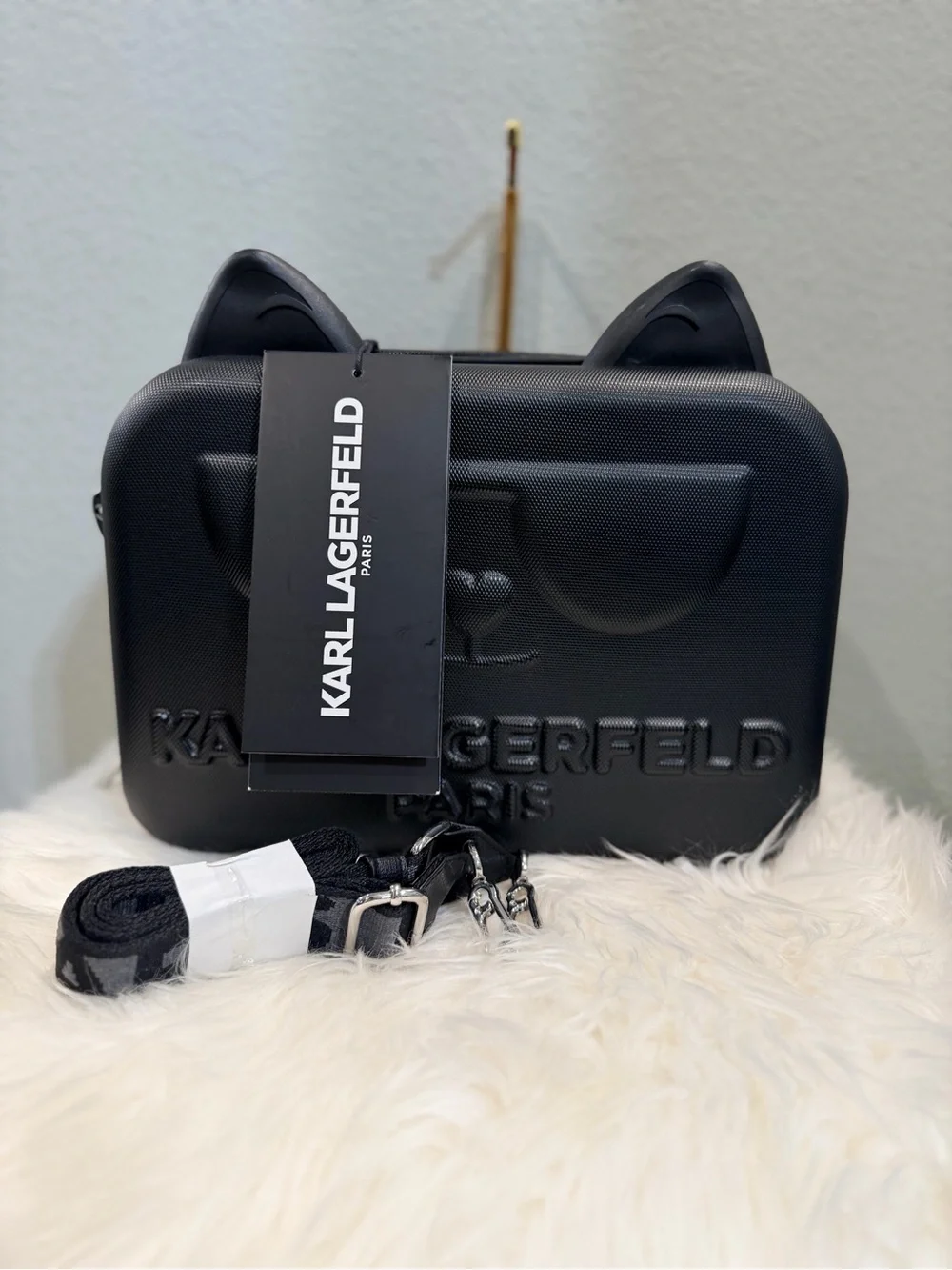 Karl Lagerfeld Black Cat-Eared Cosmetic Case with Removable Strap